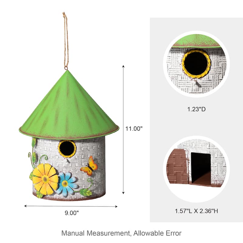 Glitzhome 11"H Spring Distressed Metal Cottage Birdhouse with 3D Flowers