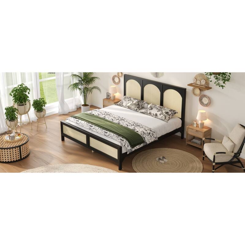 Roomfitters Queen/King Wood Platform Bed with Rattan Headboard and Footboard