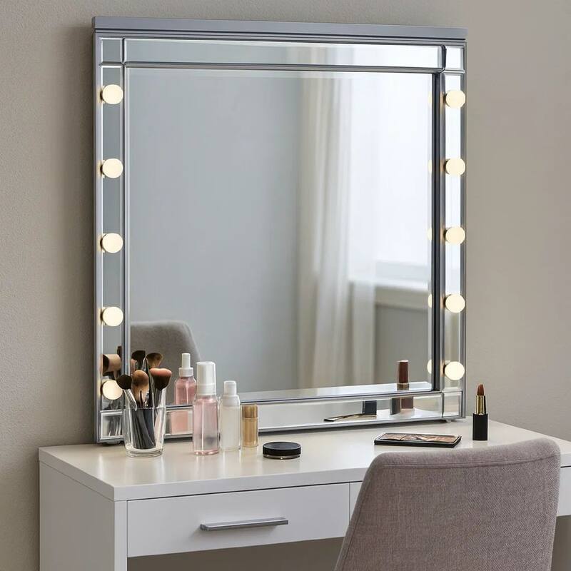 Lee 37 x 40 Vanity Mirror, 10 Light Bulb Sockets, Modern Silver Wood Frame