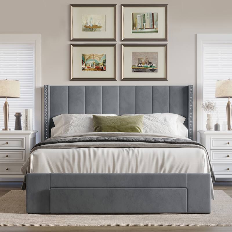 CraftPorch Velvet Wingback Tufted Upholstered Platform Storage Bed