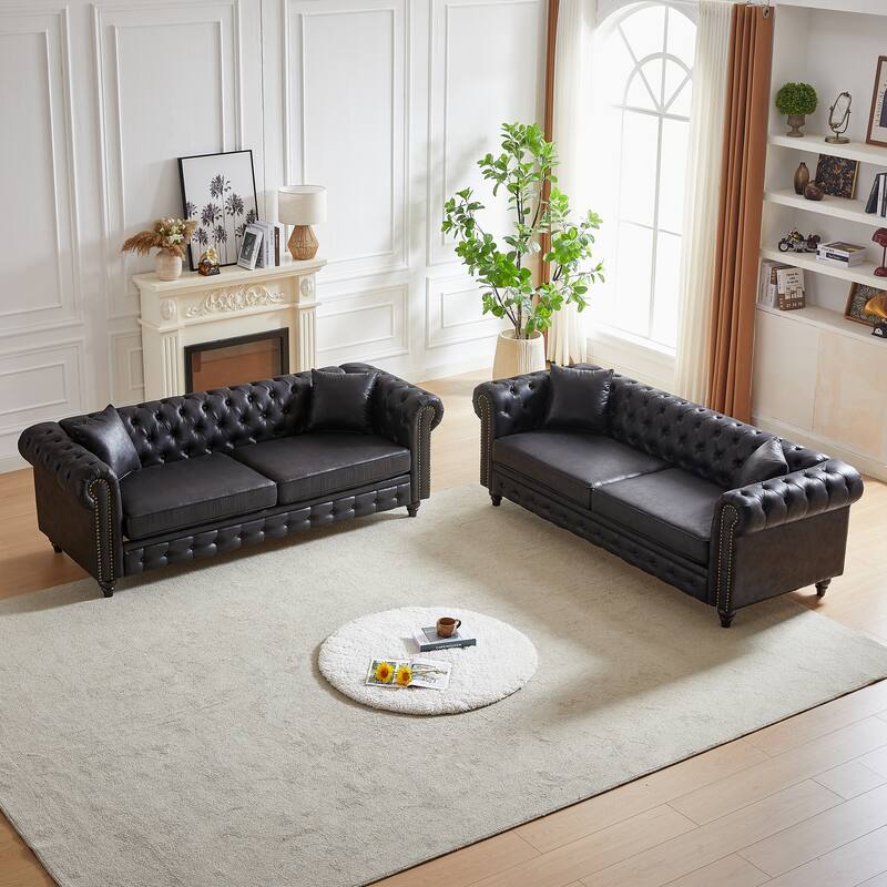 Classic Chesterfield Sofa with High-Density Cushions and Metal Accents - Black