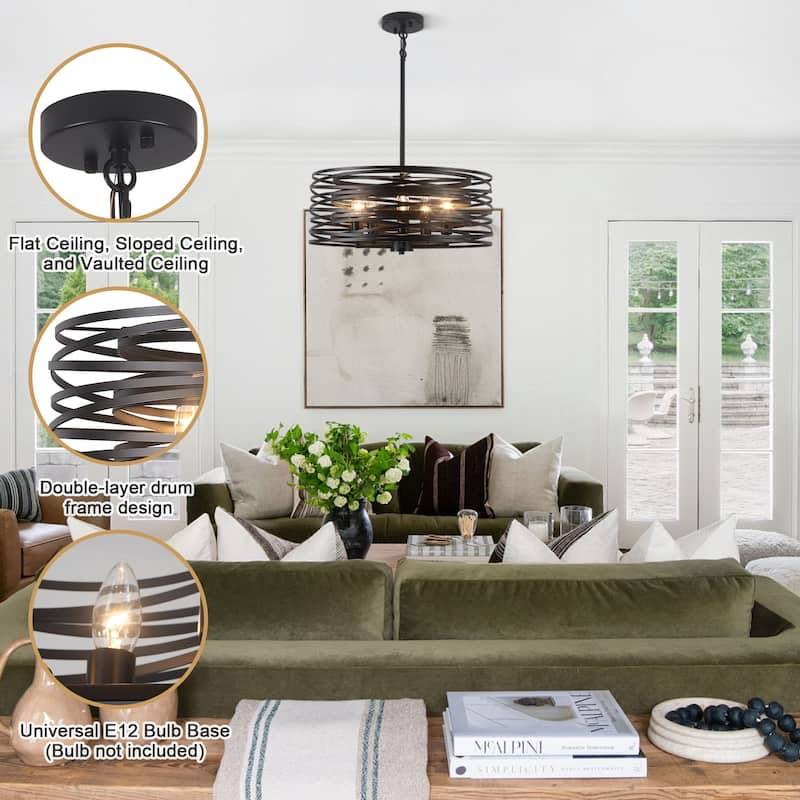Farmhouse 5-Light Metal Drum Shape Pendant Light for Kitchen Island Entryway