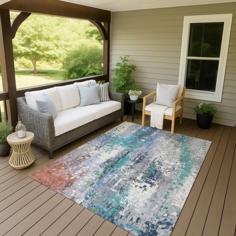Machine Washable Indoor/ Outdoor Abstract Pixels Chantille Rug - Teal - 3' x 5'