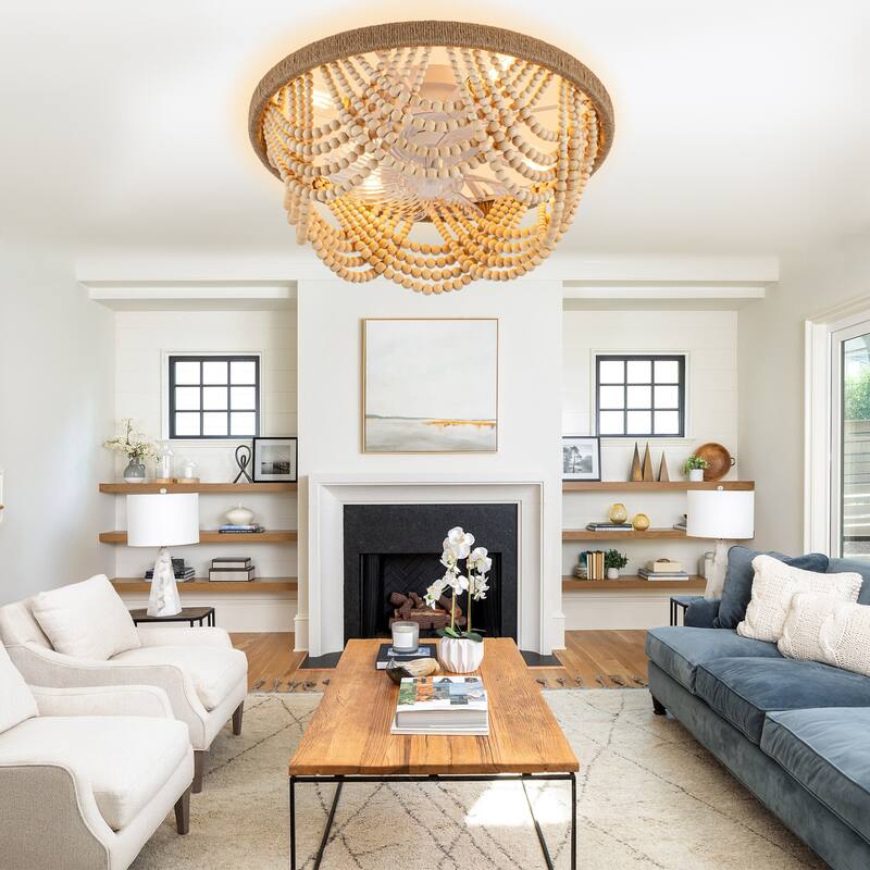 Cusp Barn 20" Boho Caged Ceiling Fan with Light and Remote, Flush Mount Low Profile Fandelier, Famhouse Wood Beaded Ceiling Fan