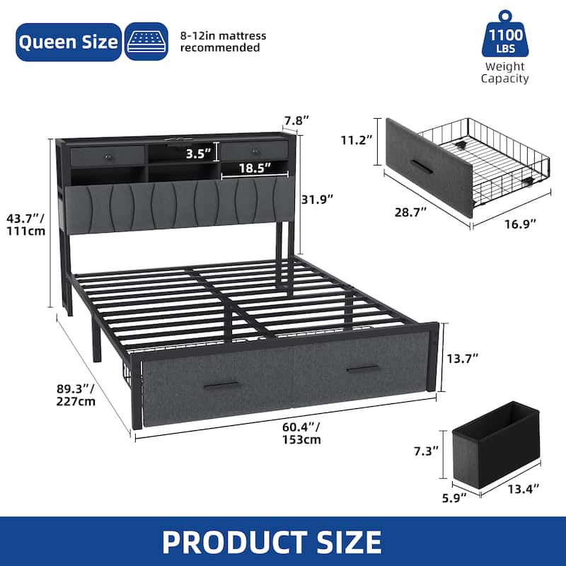 Moasis Linen Upholstered Platform Bed, Bed Frame with Hidden Storage Headboard and Charging Station