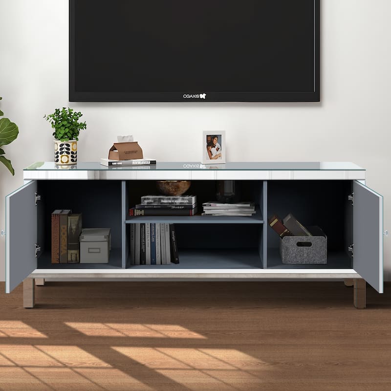 59" TV Stand with Diamond Shape Sparkling Mirror Doors, Open Storage and 2 Storage Cabinets for TVs Up to 65"