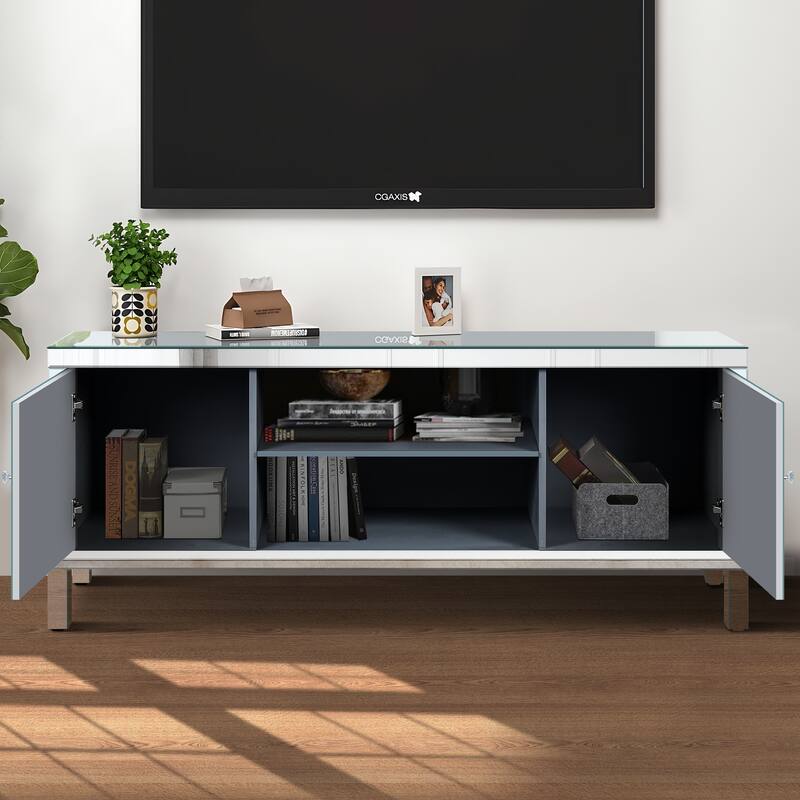 Mirrored TV Stand for 65+ inch TV,Sliver TV Console Table with Open Storage & 2 Storage Cabinets for Living Room