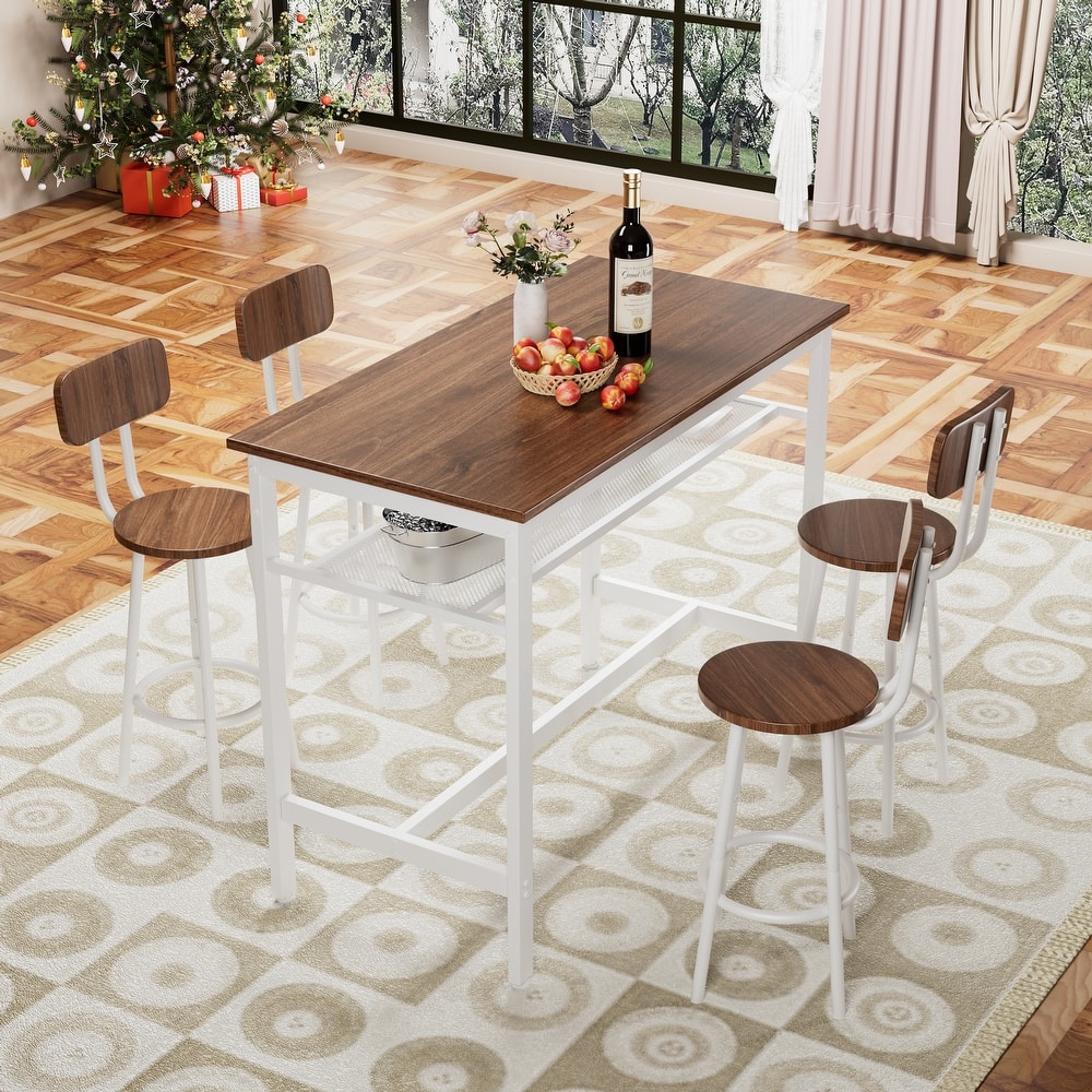 Dining Bar Table Set for 4, 5 Piece Counter Height High Breakfast Wood Metal Table and Chairs