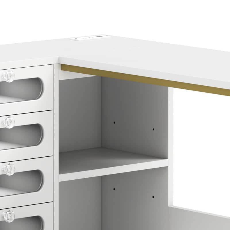 Moasis 5 Drawers L-Shape Nail Desk Set with Cushioned Stool and LED Light