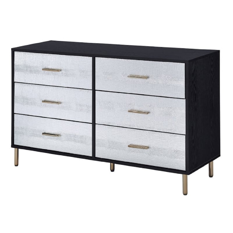Emily 47 Inch Wood Side Dresser with 6 Drawers, Metal Bar Handles, Black - Black - 6-drawer