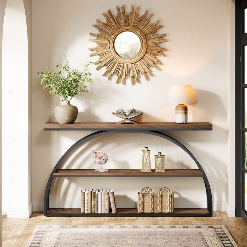 63 Inch Console Table, 3-Tier Entryway Table with Arched Metal Frame