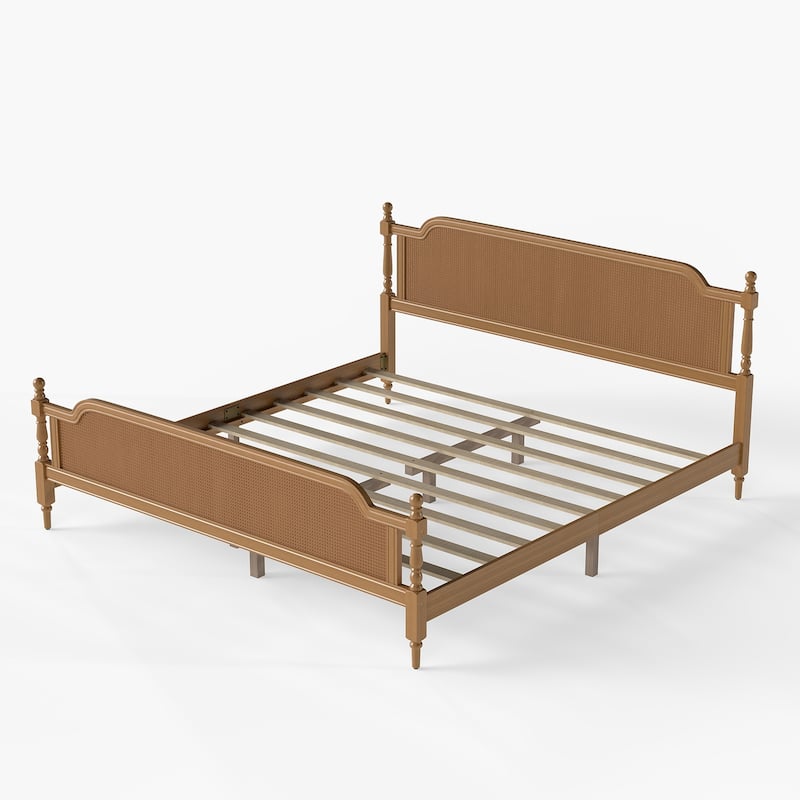 Wooden Platform Bed Bed Frame w/Hand-Woven Rattan Headboard & Footboard, Boho and Mid Century Style Bed Frame, Solid Pine Wood