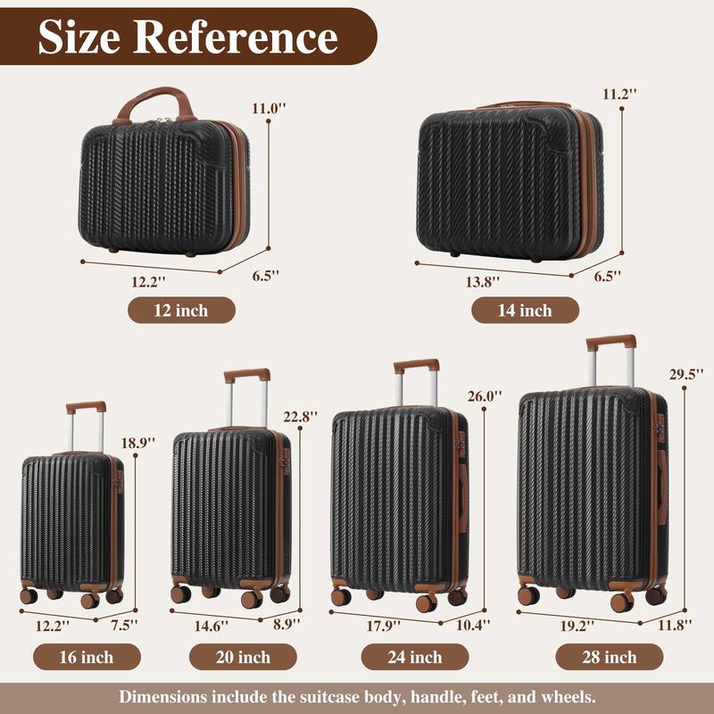 6-Piece Luggage Set, Durable Hardshell ABS Suitcase with Spinner Wheels, TSA Lock, Side Hooks, Lightweight Carry-On