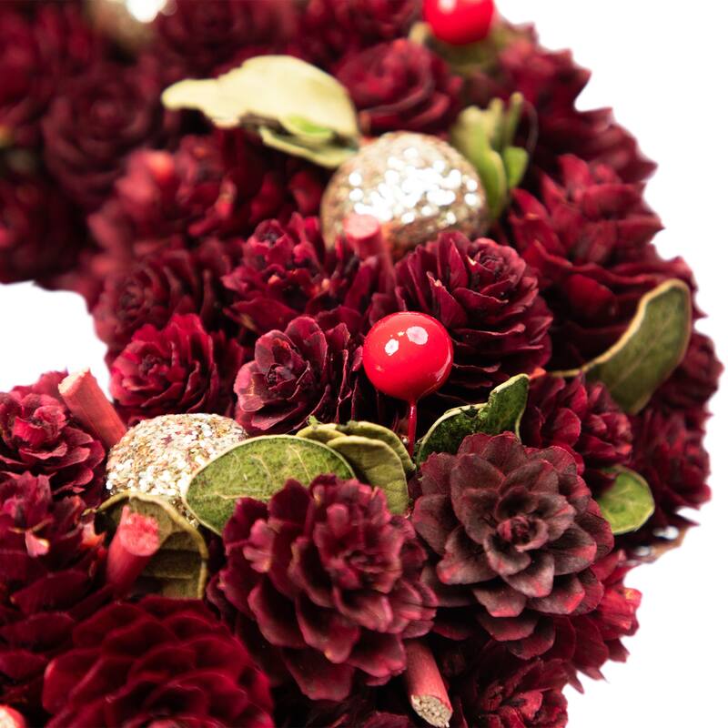 Red Gold Pine Cone Ornament Artificial Christmas Wreath, 9.5", Unlit