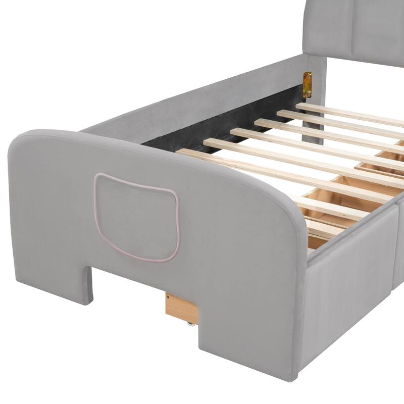 Adorable Velvet Platform Bed for Kids, Bunny Design with Drawers and Bed-End Storage Pockets, Twin/Full