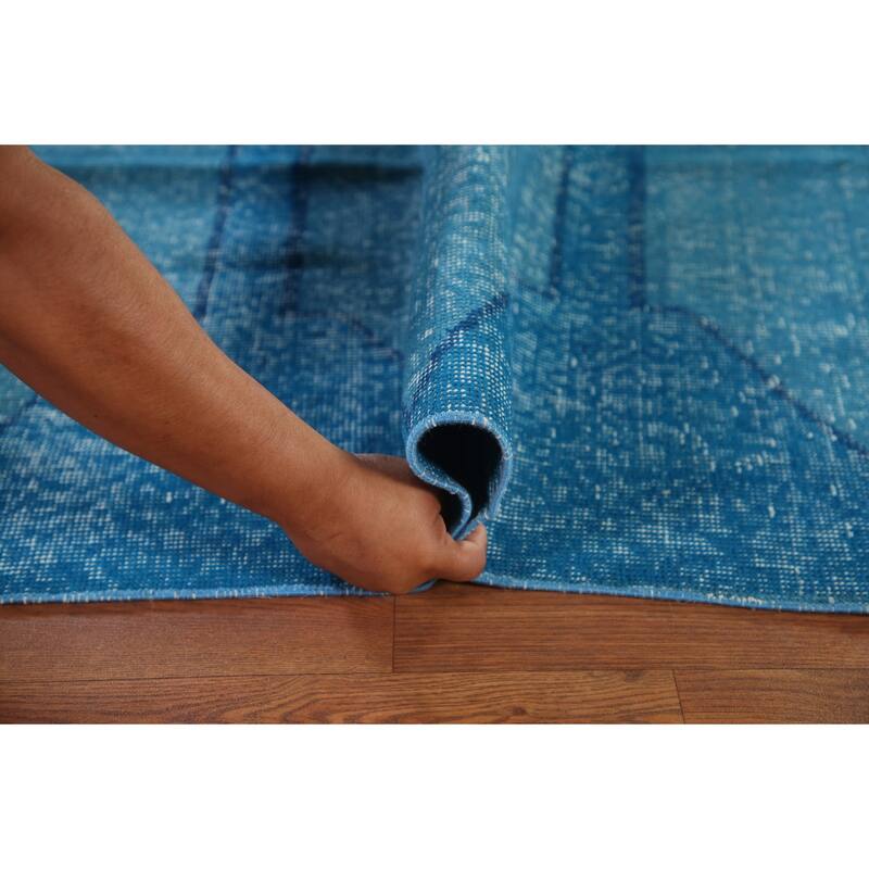 Over-Dyed Blue Anatolian Distressed Vintage Rug Handmade Wool Carpet - 7'10" x 14'0"