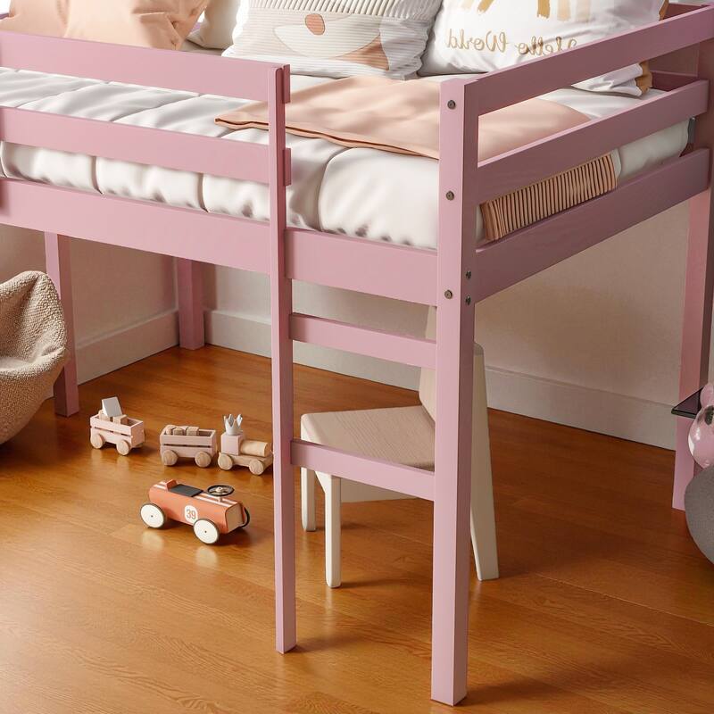 Solid Wood Twin Loft Bed with Ladder, Rubber Wood Frame Low Height Design with Guard Rails and Storage Space