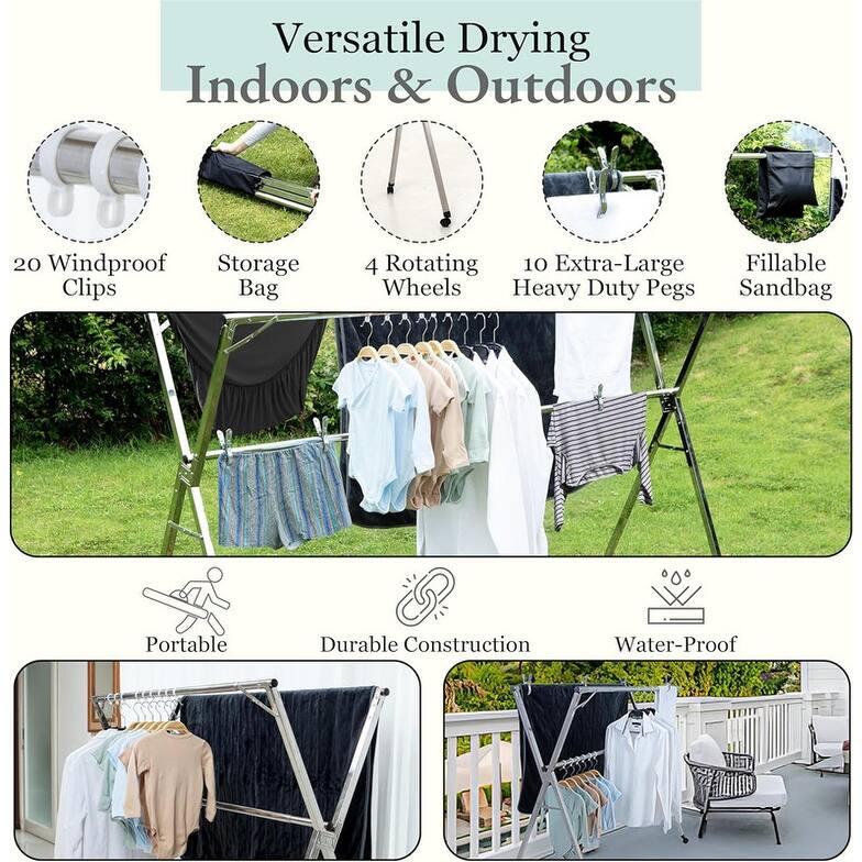 Foldable Drying Rack with Wheels - 95", 20 Clips