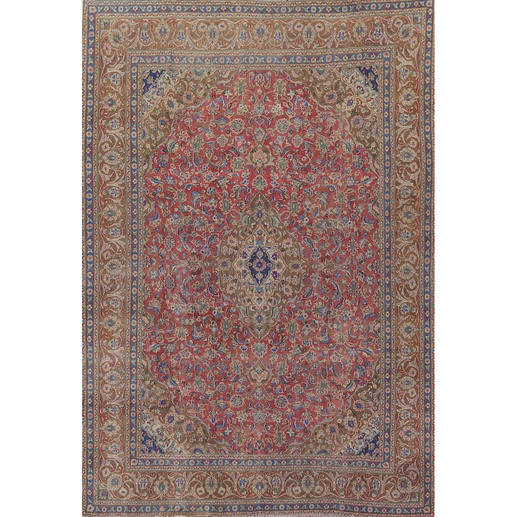 Distressed Mashad Persian Vintage Area Rug Handmade Floral Wool Carpet - 9'7" x 12'8"
