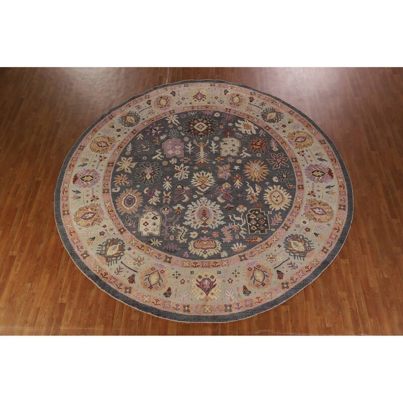 Vegetable Dye Floral Oushak Large Round Rug Handmade Wool Carpet - 11'8" x 11'7"