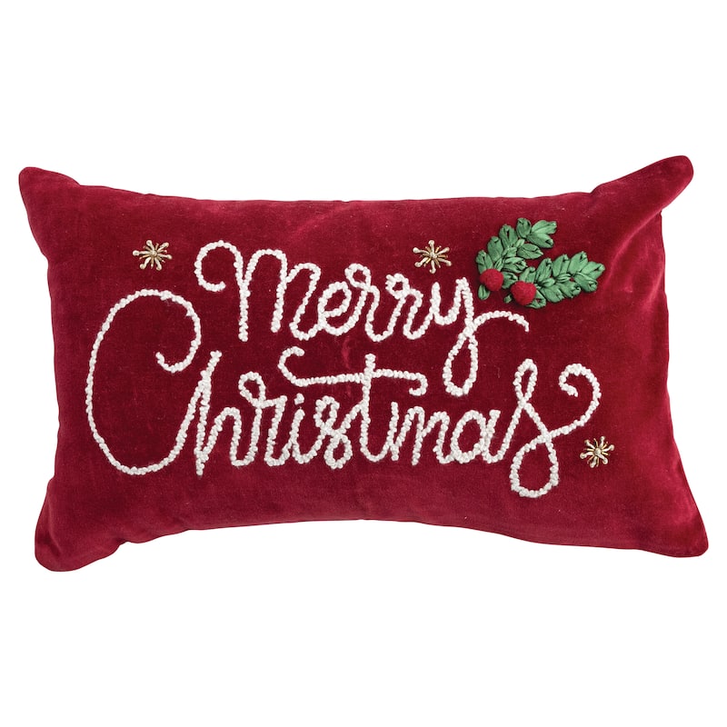 "Merry Christmas" Cotton Velvet Lumbar Pillow - Burgundy;Green;White