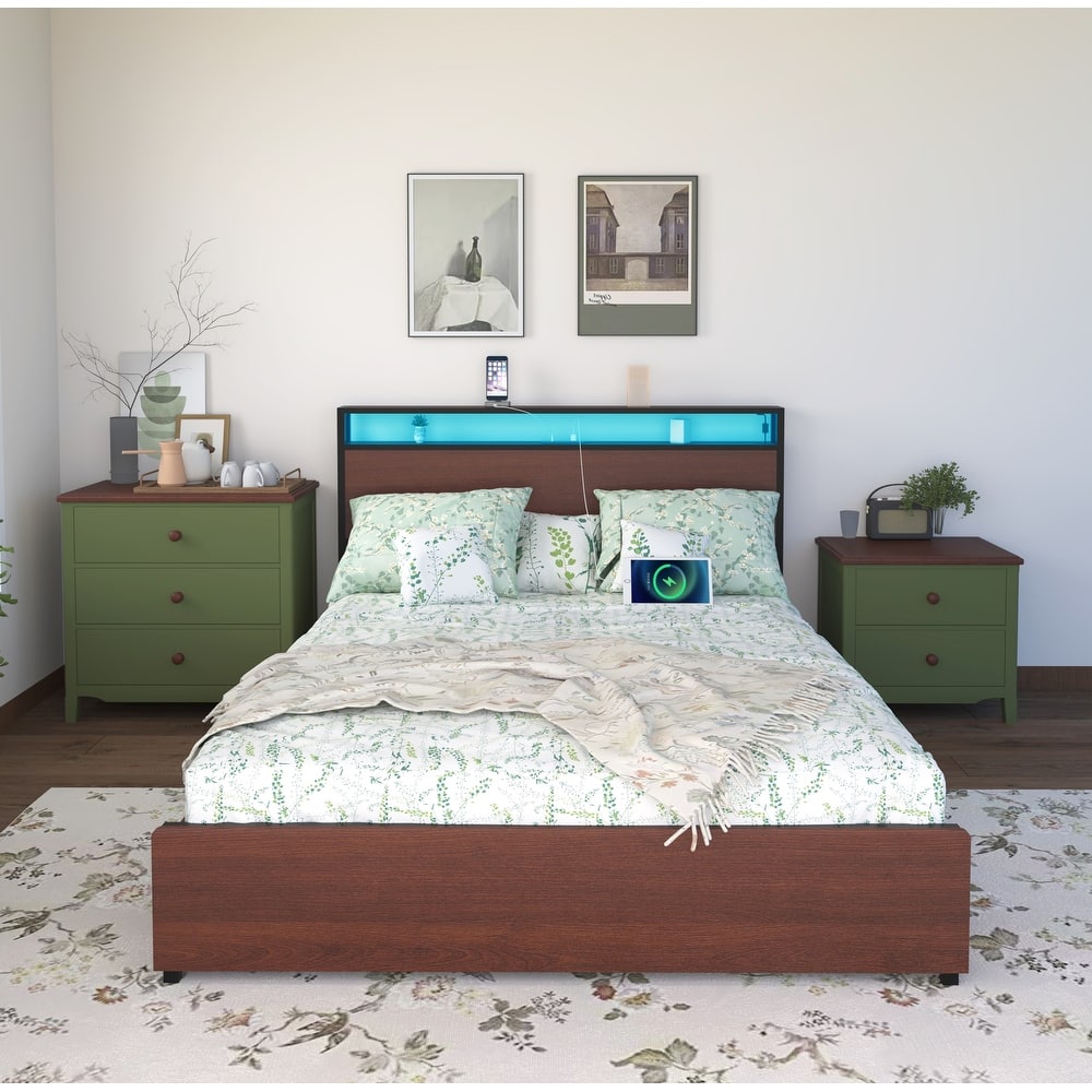 King Size Bed Frame with 4 Drawers, 2-Tier Storage Headboard with Charging Station, LED Lights, Metal Slat Support, Noise Free