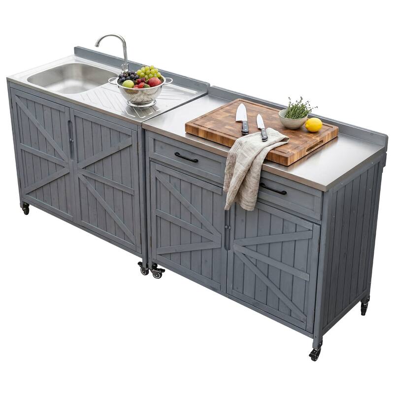 39.4" Outdoor Kitchen Island with Stainless Table Top, with One Large Drawer, Internal Storage Racks & 4 Wheels