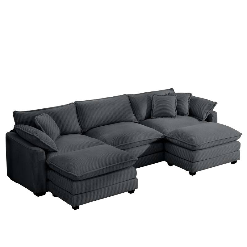 Grey 115" Corduroy Modular U-Shaped Sectional Sofa with 2 Ottomans