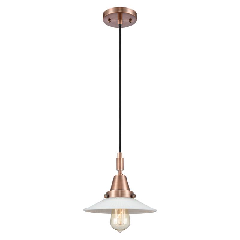 Innovations Lighting Downtown Urban - Caden Halophane - 1 Light 9" Cord Hung Mini Pendant - Matte White Halophane Shade/Antique Copper
