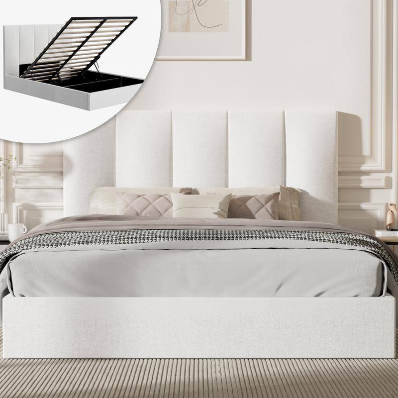 Full Size Lift-Up Storage Bed, White - White - Queen
