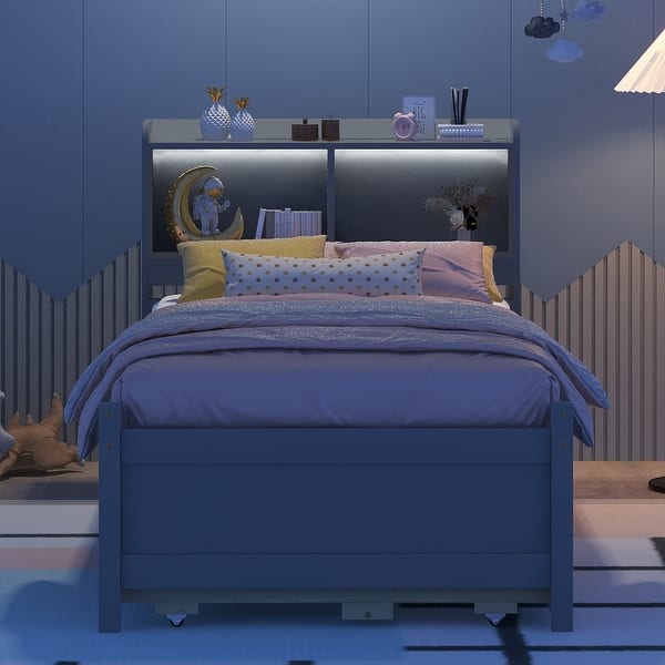slide 2 of 25, Twin Size Bed with built-in USB ,Type-C Ports, LED light, Bookcase Headboard, Trundle and 3 Storage Drawers Grey - Twin