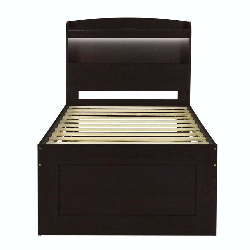 Twin XL Size Platform Bed with LED Headboard and Twin Trundle
