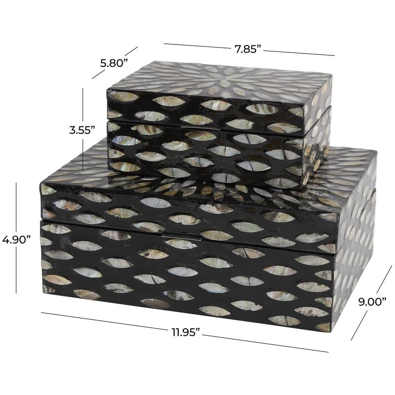 Mother of Pearl Shell Floral Box with Beige Accents - Set of 2 Black - Roche River Decor