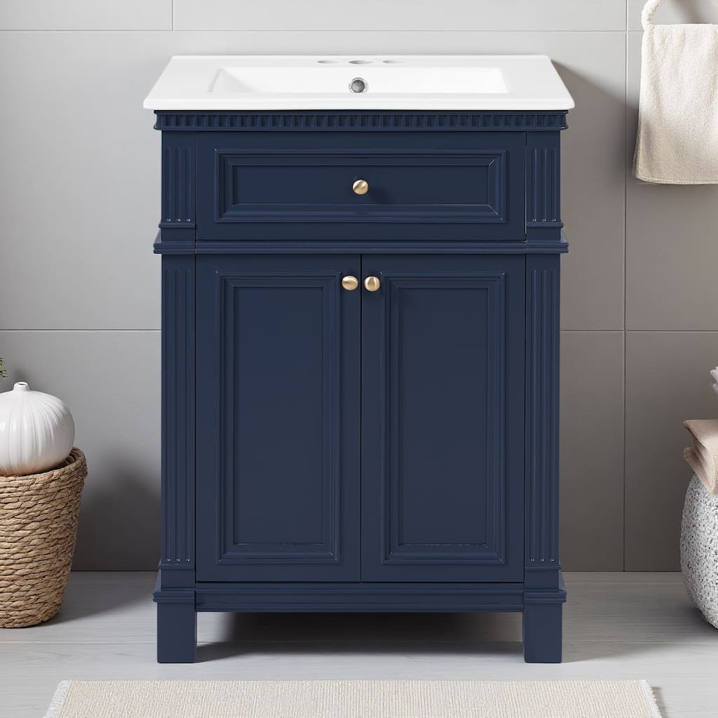 24" Solid Wood Water-Resistant Freestanding Vintage Bathroom Vanity with Ceramic Sink, Soft-Close Doors, and Adjustable Shelf