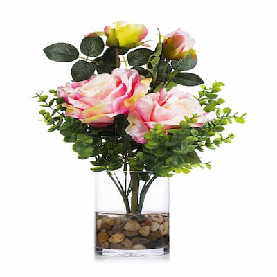 Enova Home 2 Large Artificial Silk Roses Fake Flowers and Mixed Greenery in Clear Glass Vase with River Rock for Home Decoration