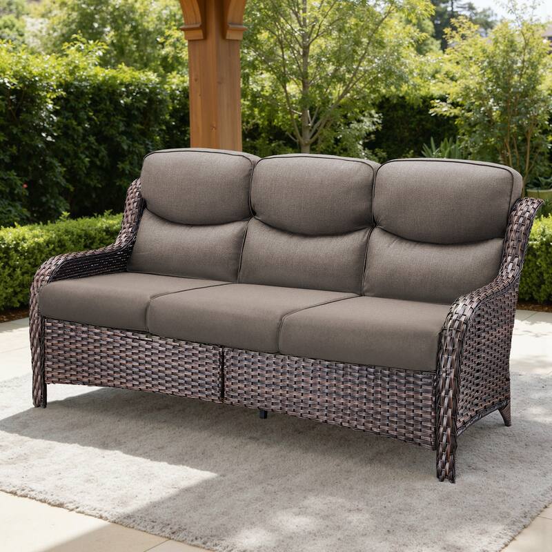 Meyreso Handwoven Wicker Outdoor Patio 3-Seat Sofa with 5-Inch Thick Cushions - Gray Cushions - Brown Wicker