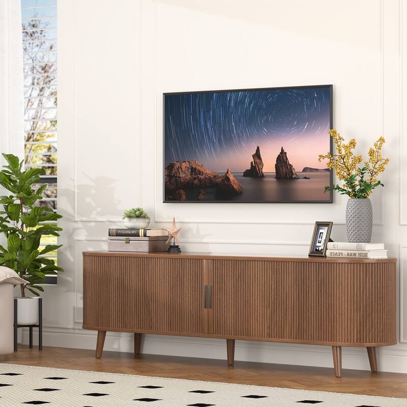 Gymojoy 71" Mid-Century Modern TV Stand, Walnut Media Console with Sliding Doors, Entertainment Center for TVs up to 80".