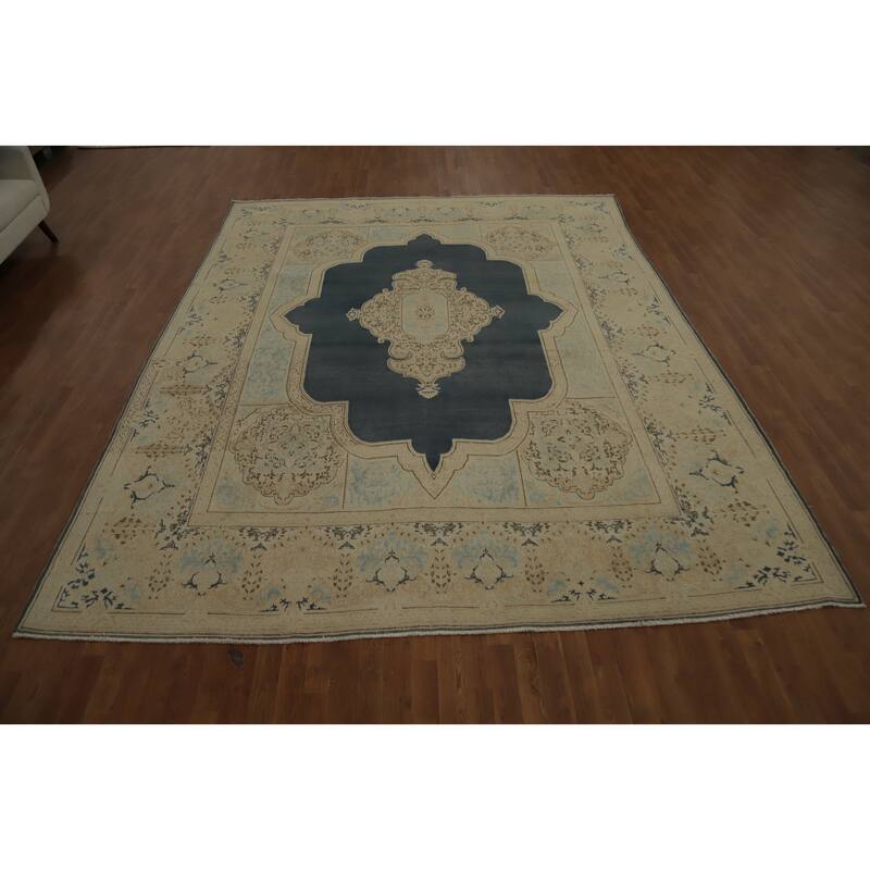 Hand Knotted Oriental 100% Wool Carpet Traditional Medallion Greys & Charcoal Kerman Area Rug - 12' 4'' X 9' 8''