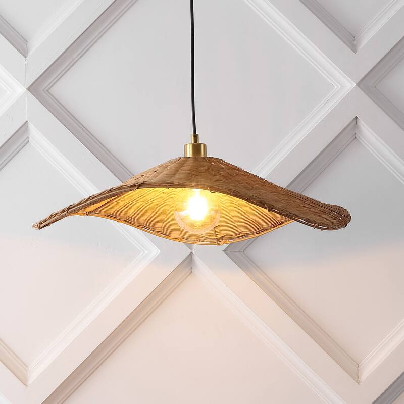 Miko 24.5" Modern Coastal Organic Curve Rattan LED Pendant, By JONATHAN Y - Brass Gold/Brown