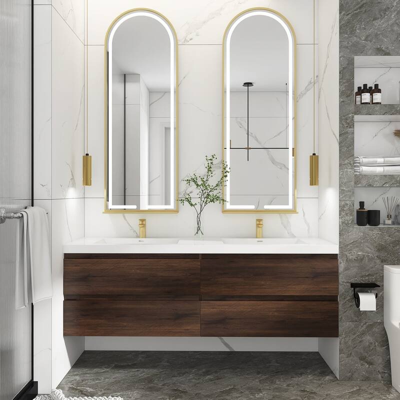 MDF Wall-Mounted Bathroom Vanity Set in Rose Wood with Integrated Culture Marble Sink