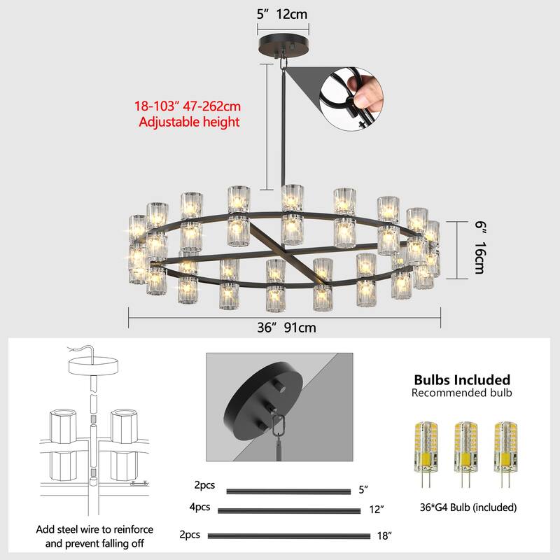 36" Luxury Crystal Chandelier LED for Living & Dining (Bulbs Incl)