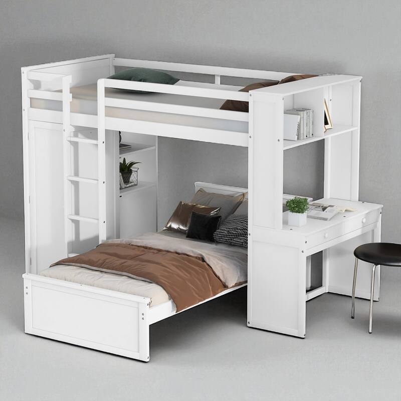 Twin/Full Loft Bed with Stand-Alone Bed, Desk, Shelves & Wardrobe, Wooden Frame with Storage and Guardrail - White - Twin