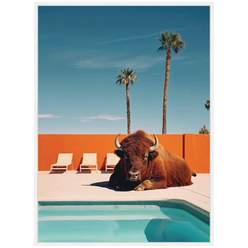 Kate and Laurel Sylvie Bison Chilling by the Pool in California Framed Canvas by Michael Schauer