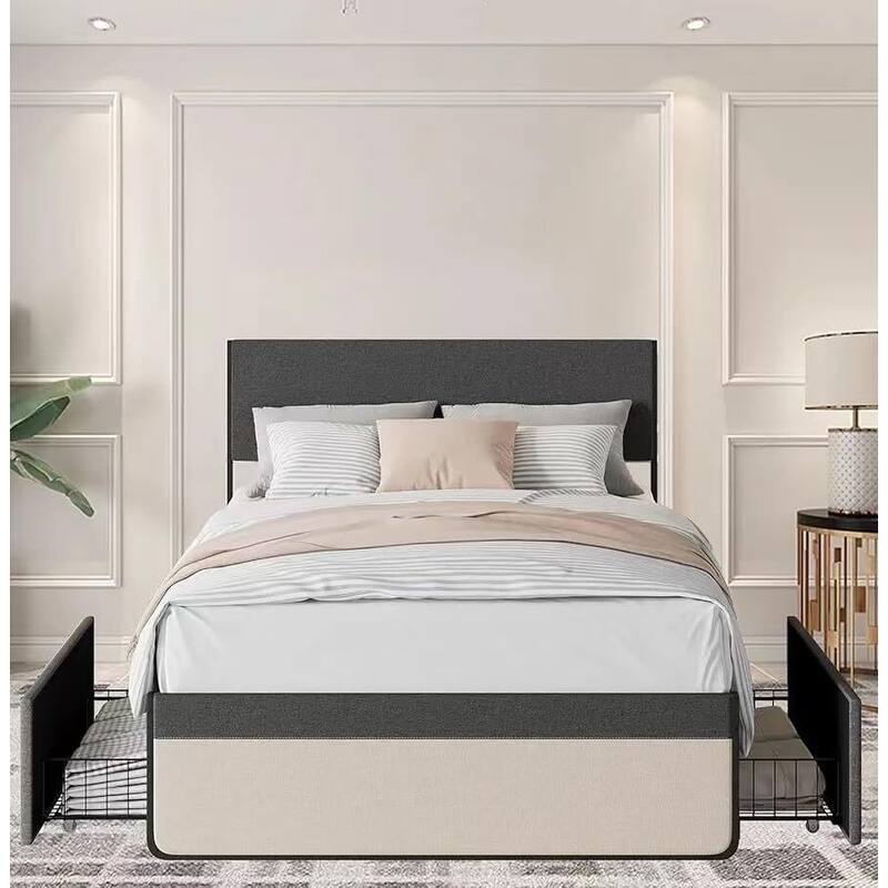 Bed Frame with 2 Storage Drawers Upholstered Platform Bed Frame - Black - Full