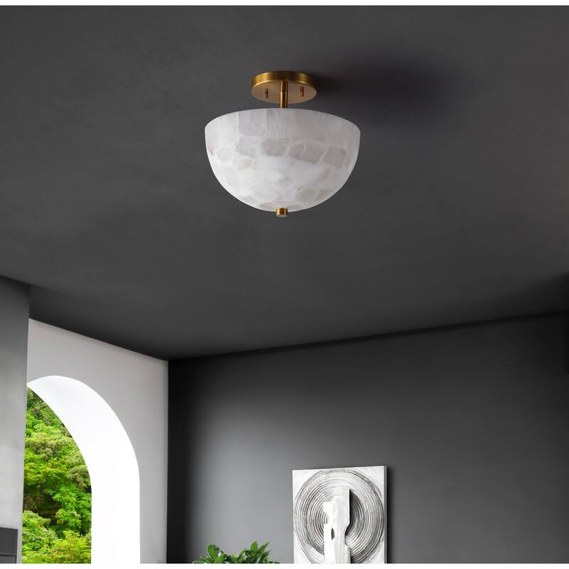 Jules 11.88" 2-Light Modern Alabaster/Iron Inverted Dome LED Semi Flush Mount, White Marbling/Brass Gold by JONATHAN Y