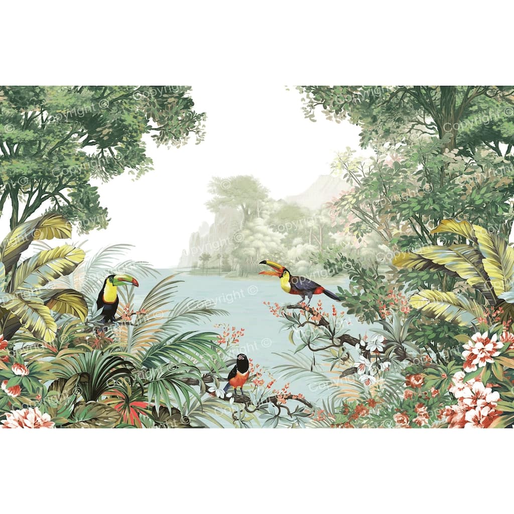 Vibrant Tropical Landscape Toucan Birds Wallpaper Mural