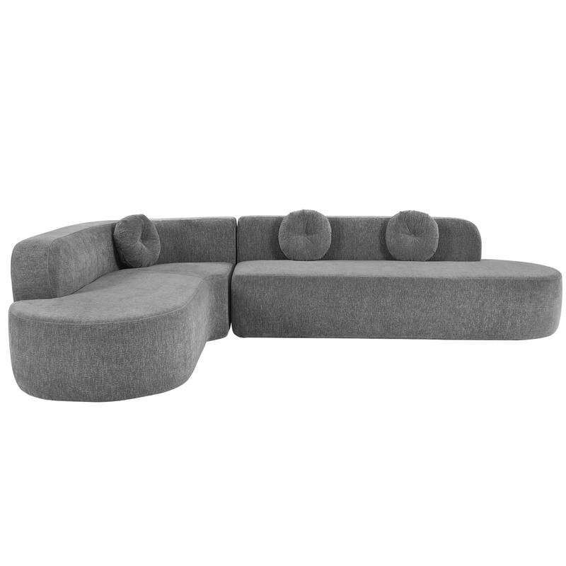 122'' Grey Polyester Sectional Sofa, Curved, 3 Round Cushions, High-Resilience Foam