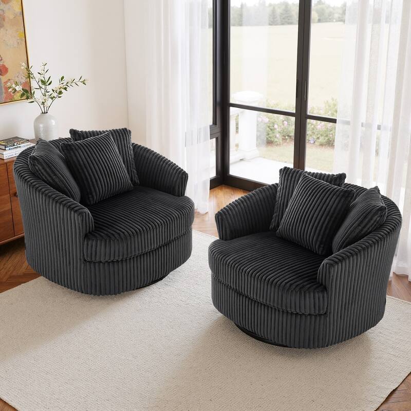 Oversized 43" W Plush Corduroy Slipcovered Swivel Barrel Chair with Pillows Set of 2