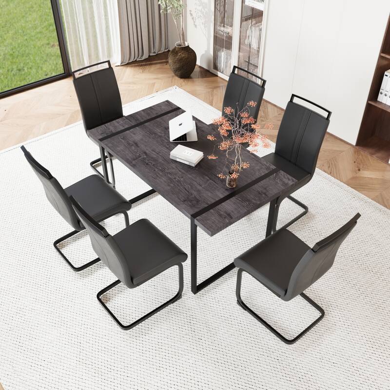 Modern Dining Set with Rectangular MDF Black Table & High Back C-shaped Tube Chairs