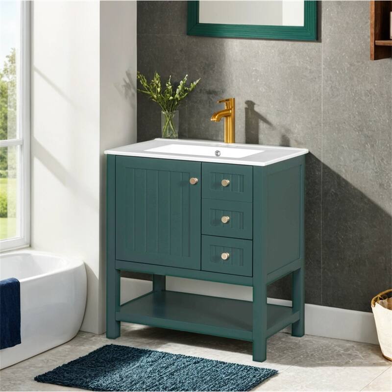 30" Transitional Style Bathroom Vanity Cabinet Combo with Ceramic Sink